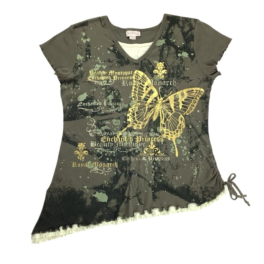 Women Girl Butterfly Asymmetrical Twofer Top Size XL 18 Forest Grunge Skater Y2K
